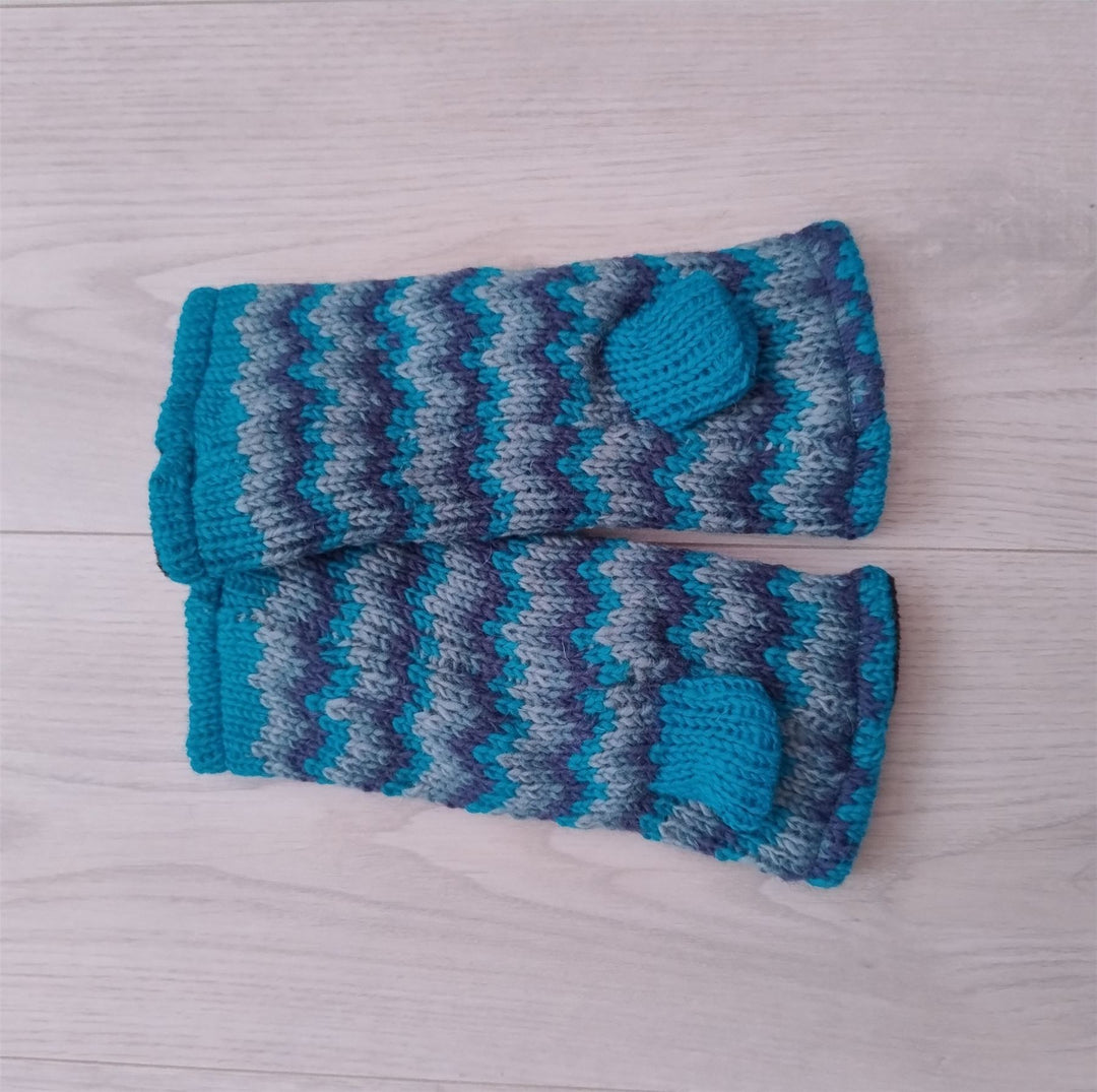 Wool Knit Fleece Lined  Wrist Warmers - Zig Zag Blue