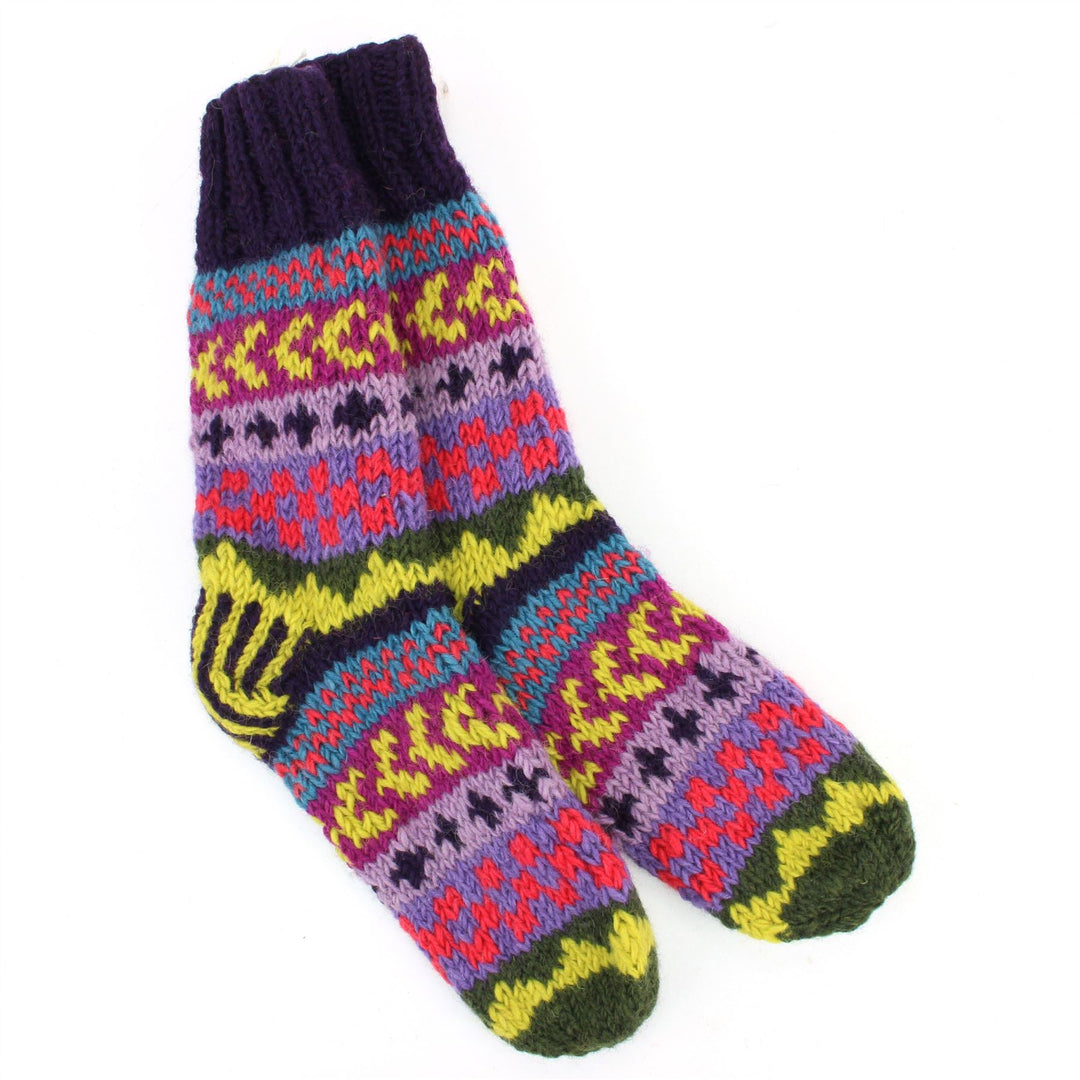 Hand Knitted Wool Slipper Socks Lined - Chevron Purple