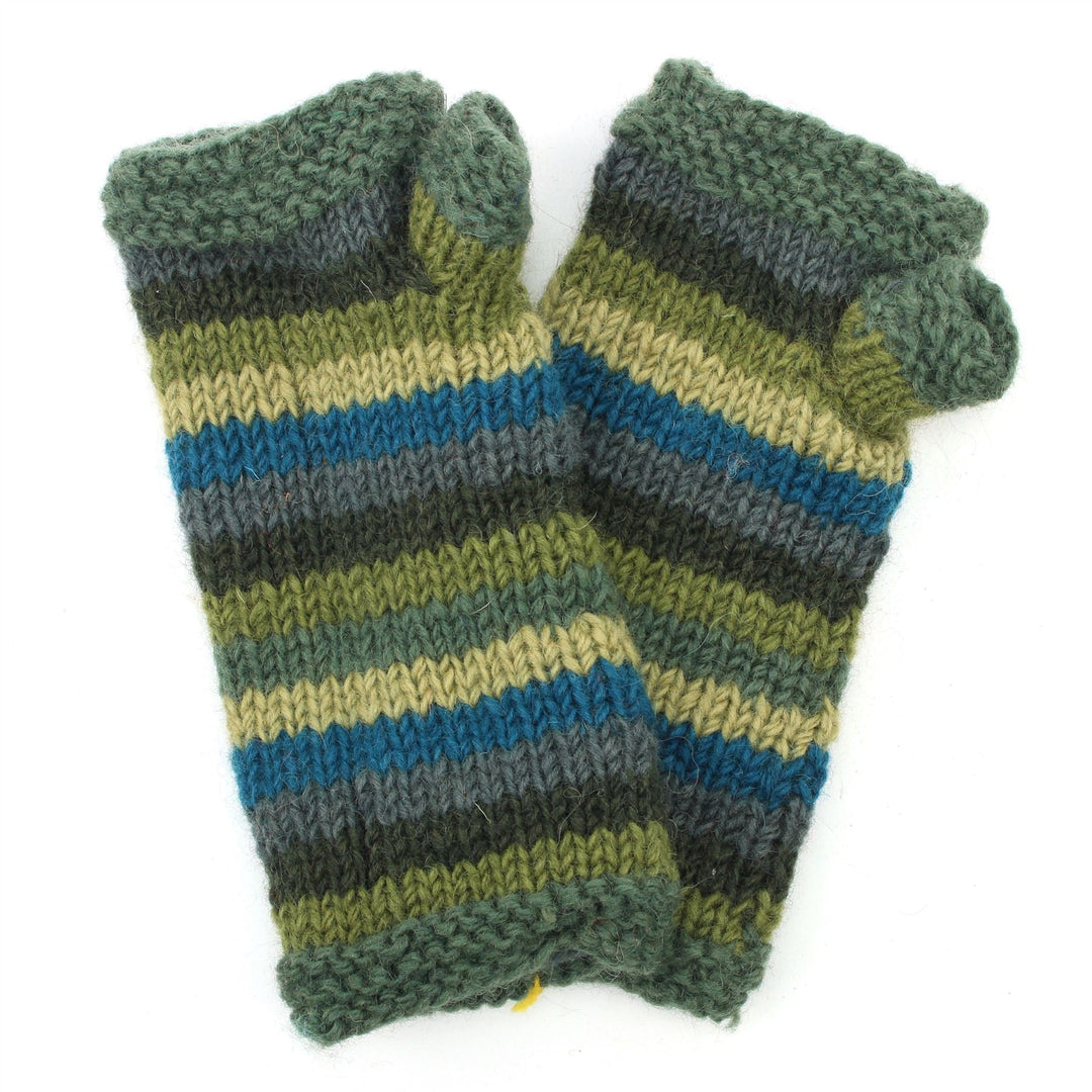 Hand Knitted Wool Arm Warmer - Stripe Green Blue