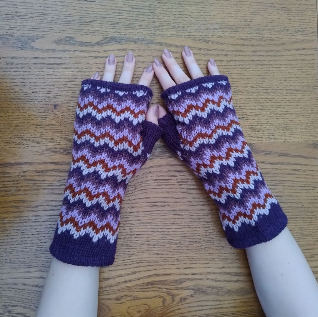 Wool Knit Fleece Lined  Wrist Warmers - Zig Zag Purple