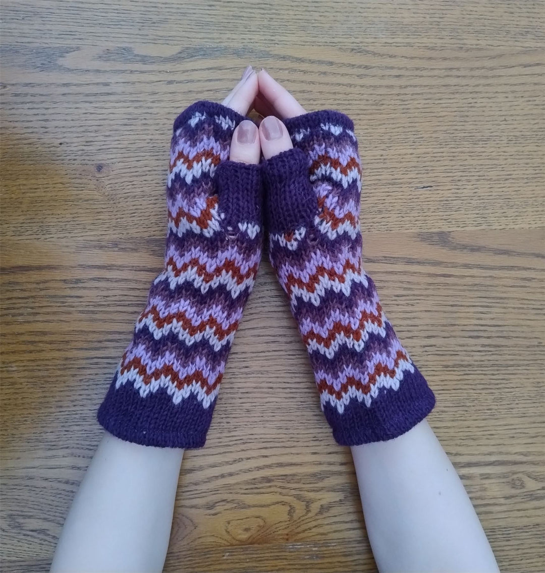 Wool Knit Fleece Lined  Wrist Warmers - Zig Zag Purple