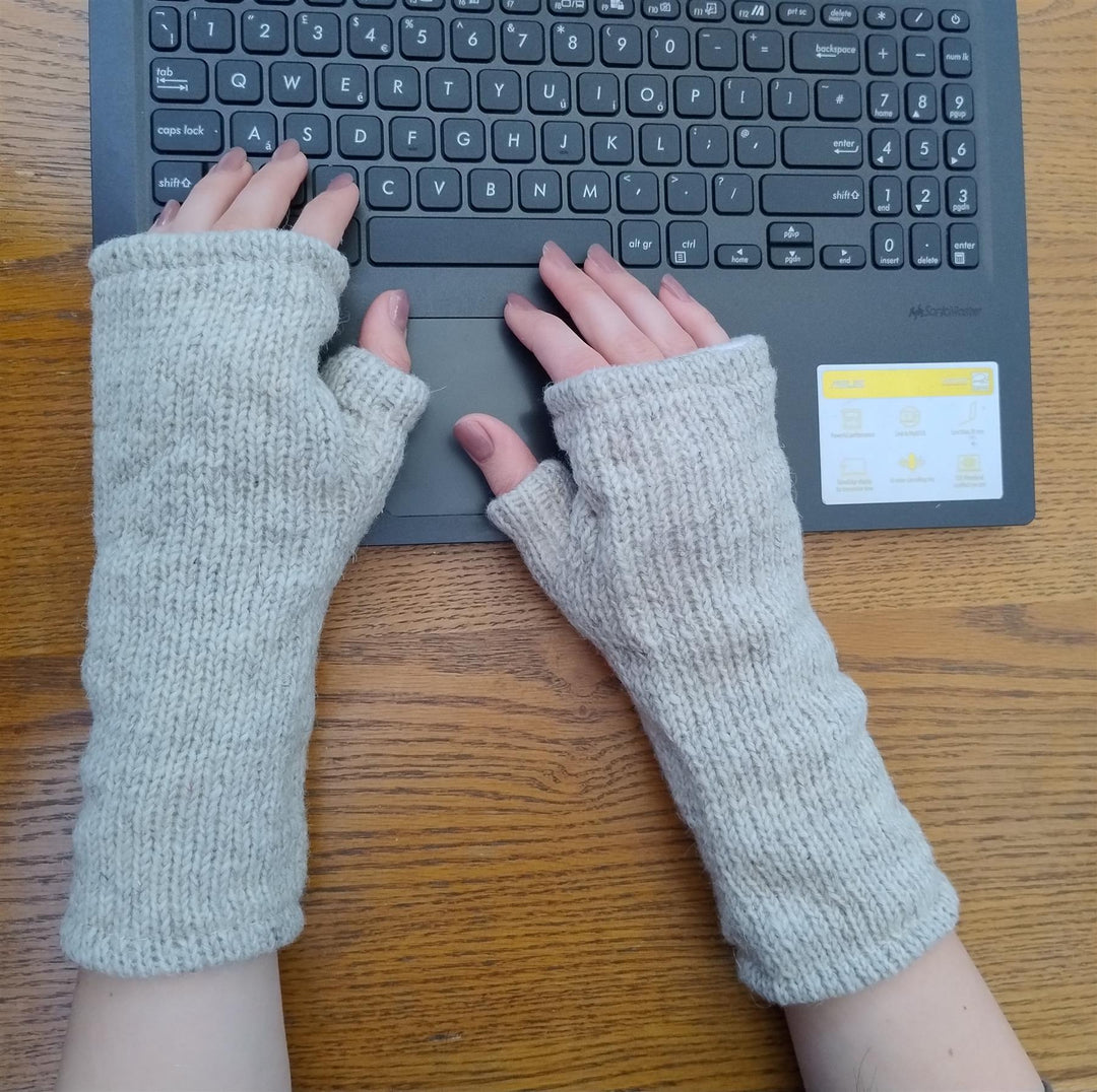 Wool Knit Fleece Lined  Wrist Warmers - Plain Cream