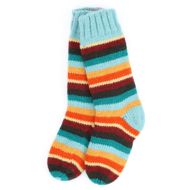 Hand Knitted Wool Slipper Socks - Stripe Retro D