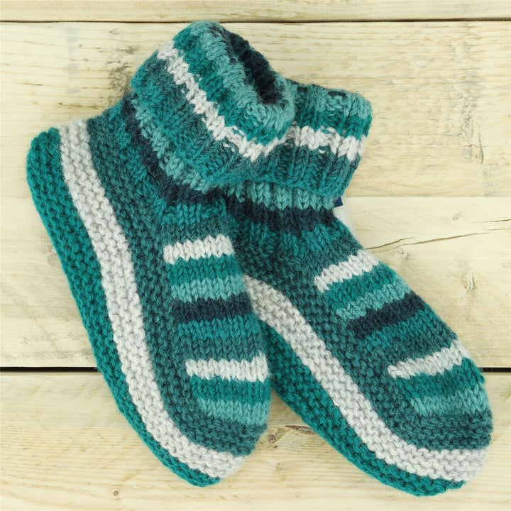 Hand Knitted Wool Slipper Socks - Stripe Teal