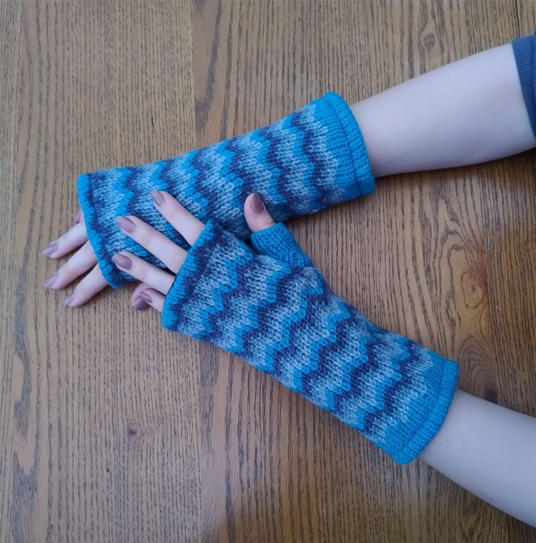 Wool Knit Fleece Lined  Wrist Warmers - Zig Zag Blue