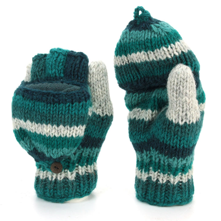 Hand Knitted Wool Shooter Gloves - Stripe Teal