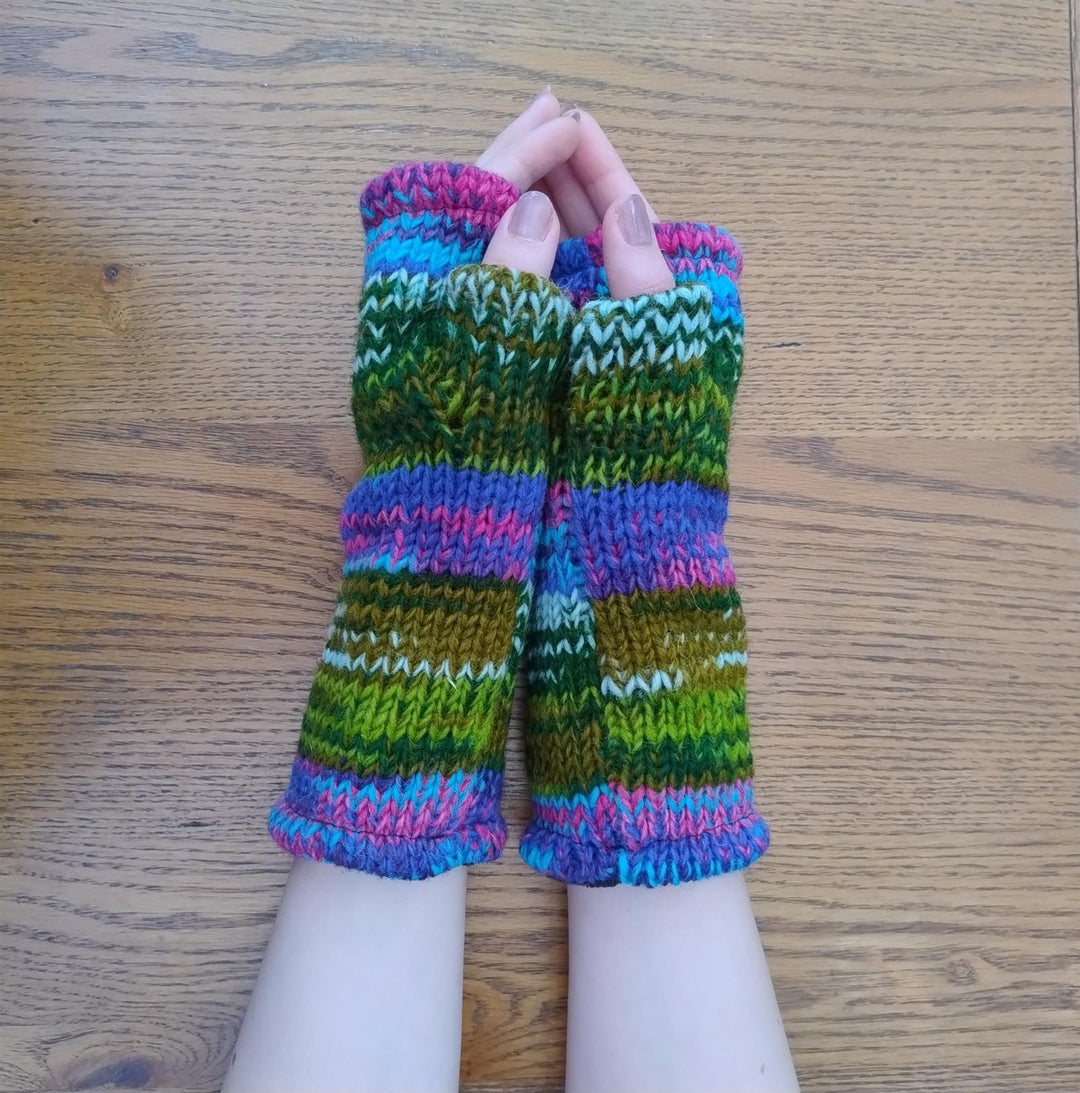 Wool Knit Fleece Lined  Wrist Warmers - SD Green Pink