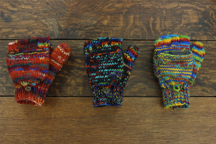 Hand Knitted Wool Shooter Gloves - SD Black Rainbow