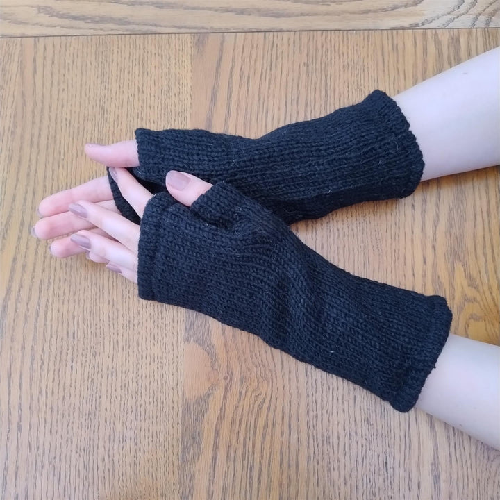 Wool Knit Fleece Lined  Wrist Warmers - Plain Black