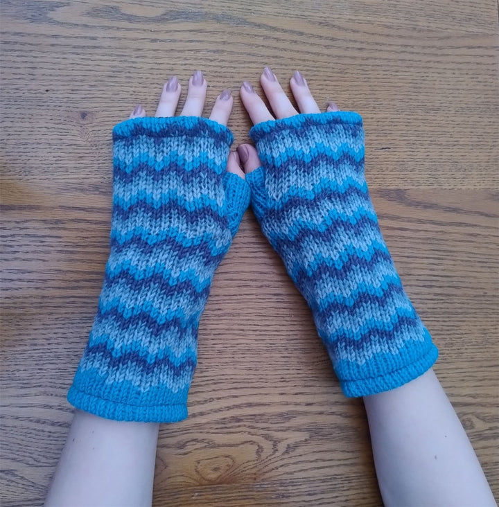 Wool Knit Fleece Lined  Wrist Warmers - Zig Zag Blue