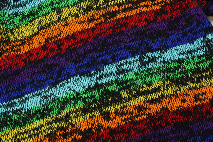 Hand Knitted Wool Jumper - Stripe Black Rainbow SD