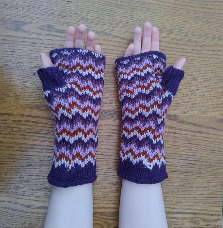 Wool Knit Fleece Lined  Wrist Warmers - Zig Zag Purple