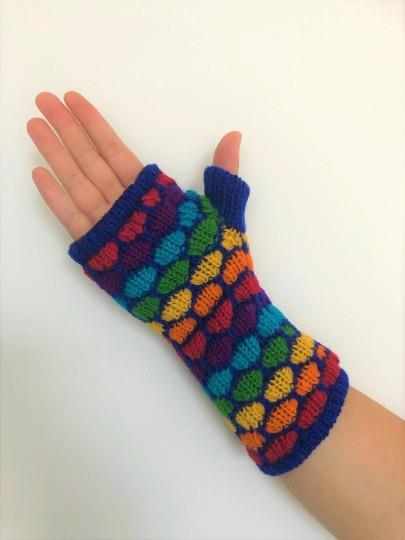 Wool Knit Fleece Lined  Wrist Warmers - Blue Rainbow Spot