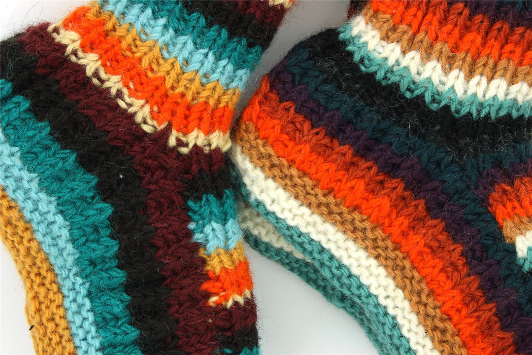 Hand Knitted Wool Slipper Socks - Stripe Retro D