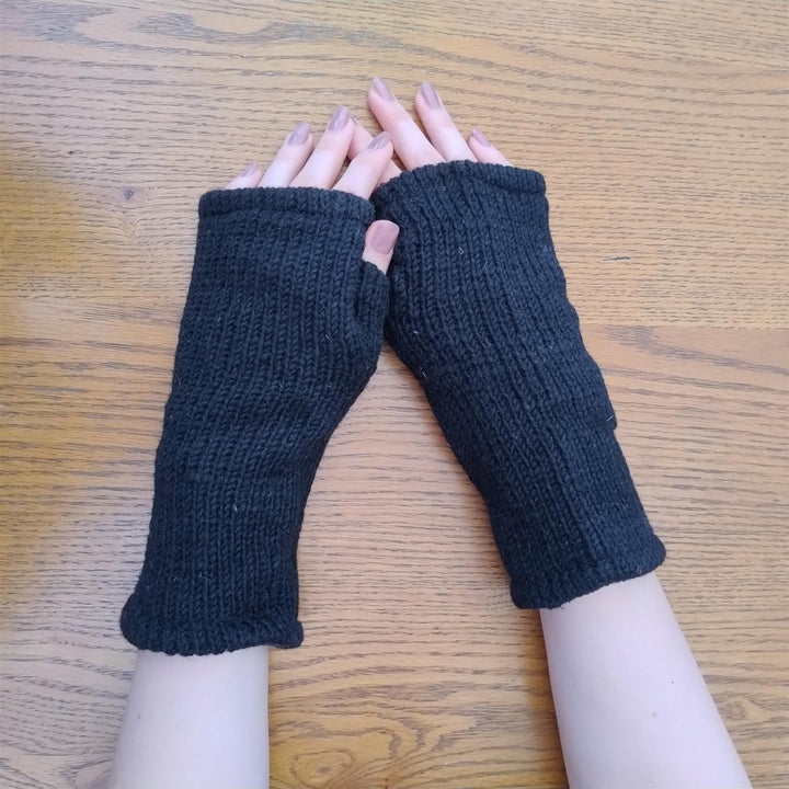 Wool Knit Fleece Lined  Wrist Warmers - Plain Black