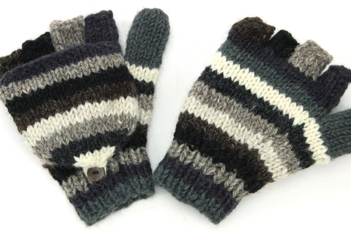 Hand Knitted Wool Shooter Gloves - Stripe Greys