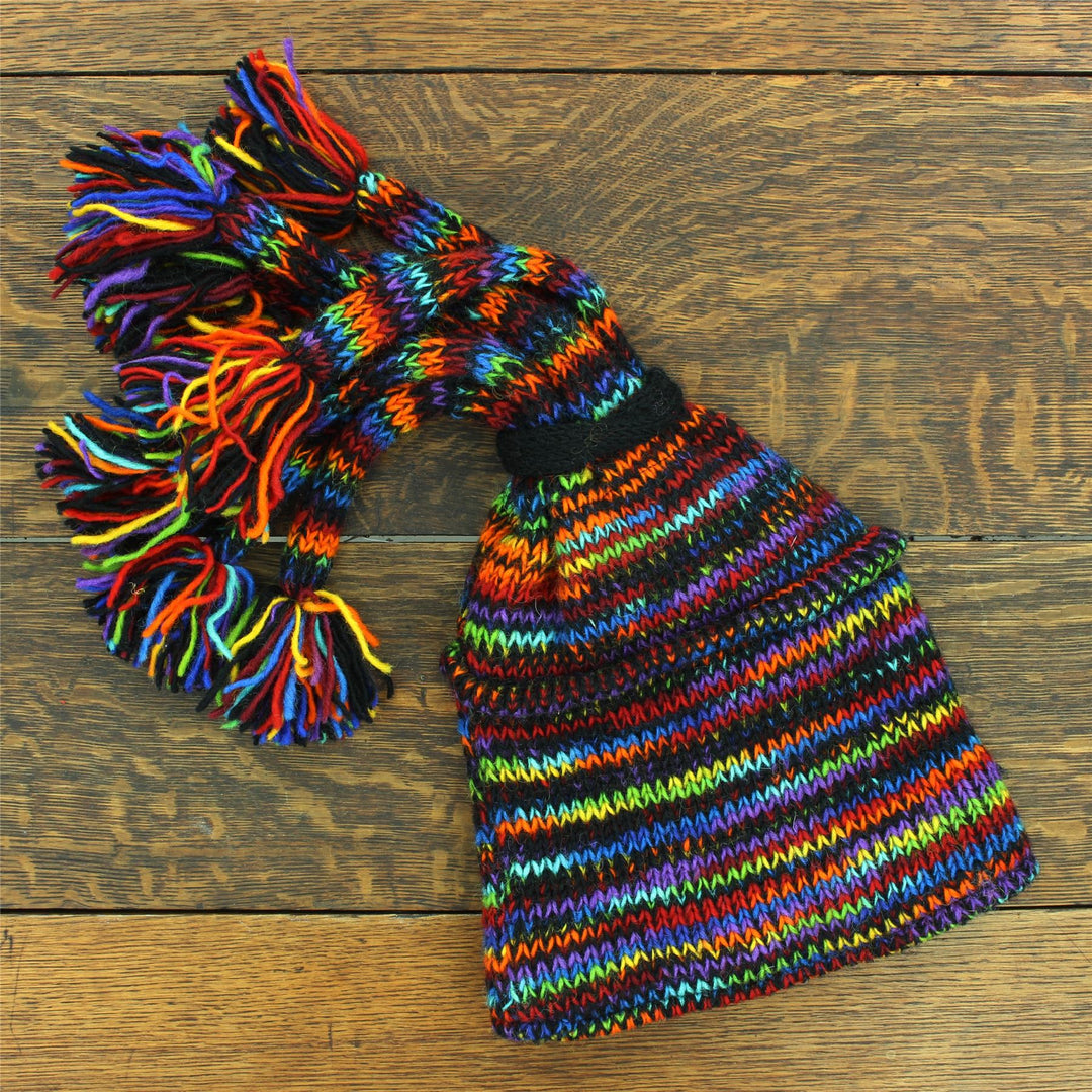 Hand Knitted Beanie Fountain Tassel Hat - SD Black Rainbow