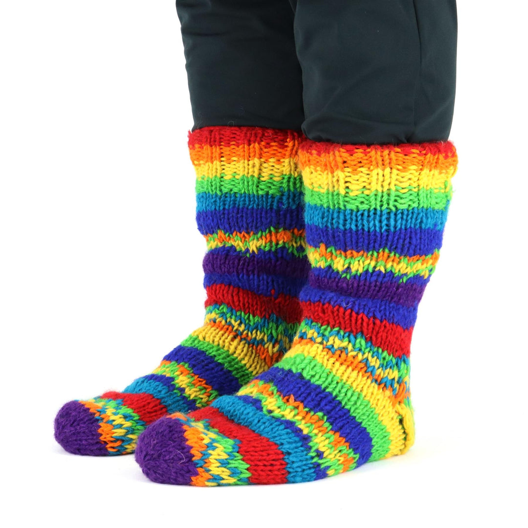 Hand Knitted Wool Slipper Socks Lined - Stripe Rainbow Zig Zag