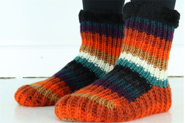 Hand Knitted Wool Slipper Socks - Stripe Anu