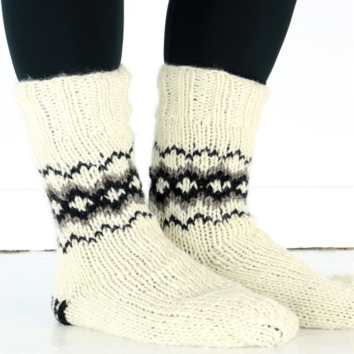 Hand Knitted Wool Slipper Socks Lined - Fairisle Cream