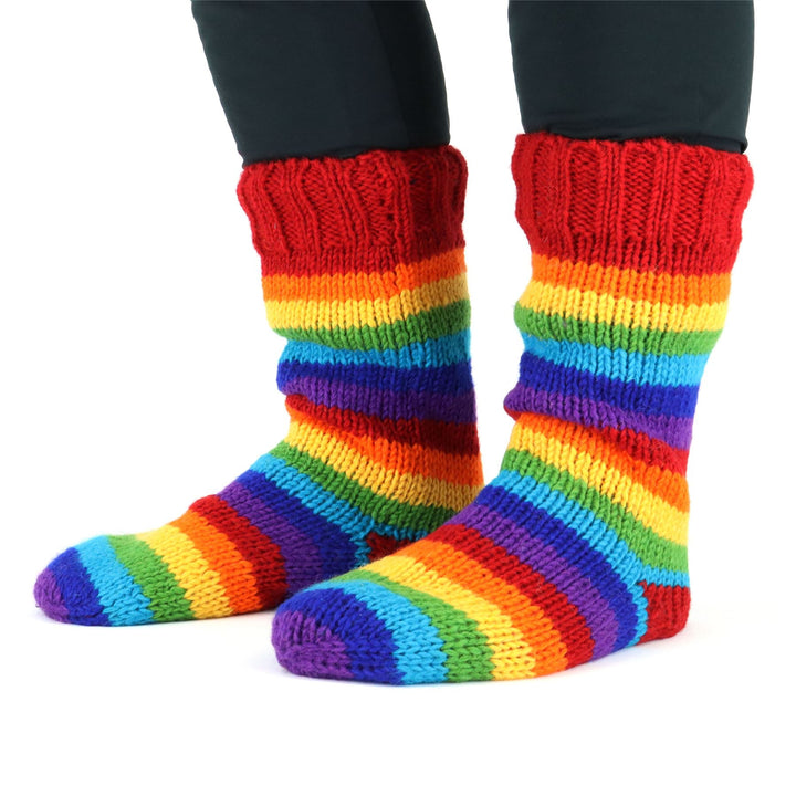 Hand Knitted Wool Slipper Socks - Stripe Bright Rainbow