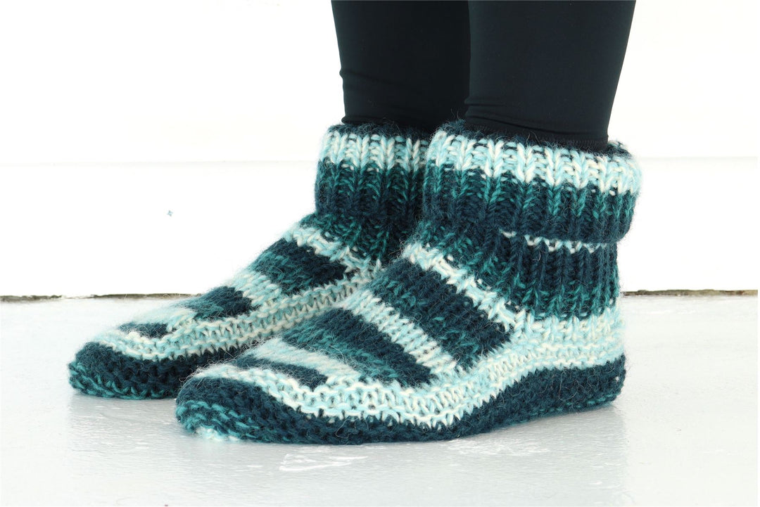 Hand Knitted Wool Slipper Socks - SD Teal