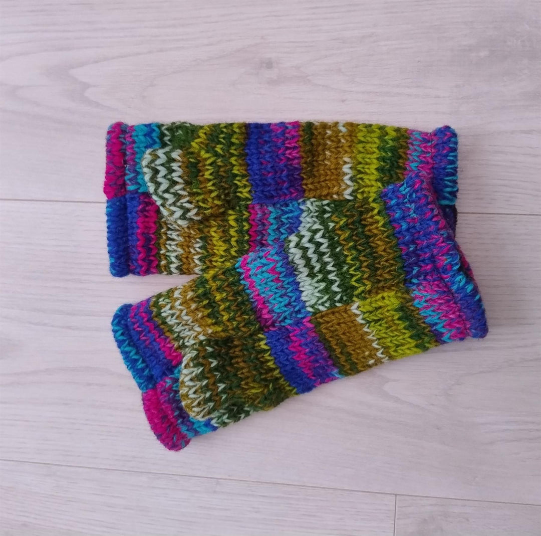 Wool Knit Fleece Lined  Wrist Warmers - SD Green Pink