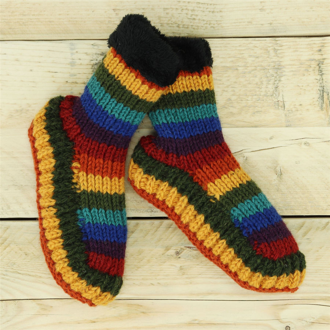 Hand Knitted Wool Slipper Socks - Stripe Dark Rainbow