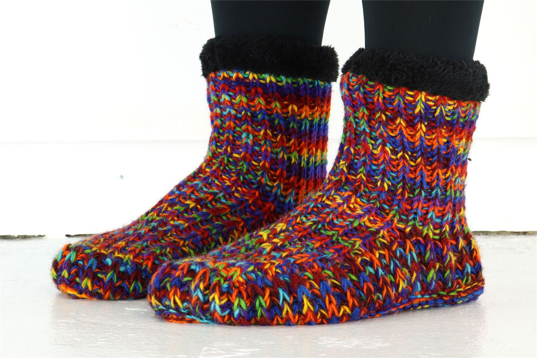 Hand Knitted Wool Slipper Socks - SD Rainbow