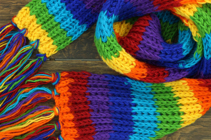 Hand Knitted Wool Scarf - Stripe Bright Rainbow