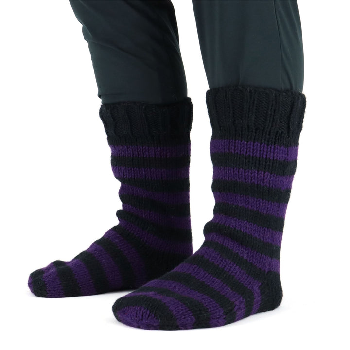 Hand Knitted Wool Slipper Socks - Stripe Purple Black