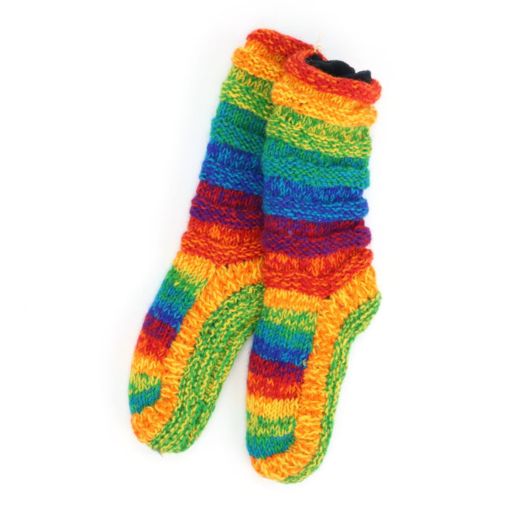 Hand Knitted Wool Slipper Socks Lined - SD Shredded Rainbow