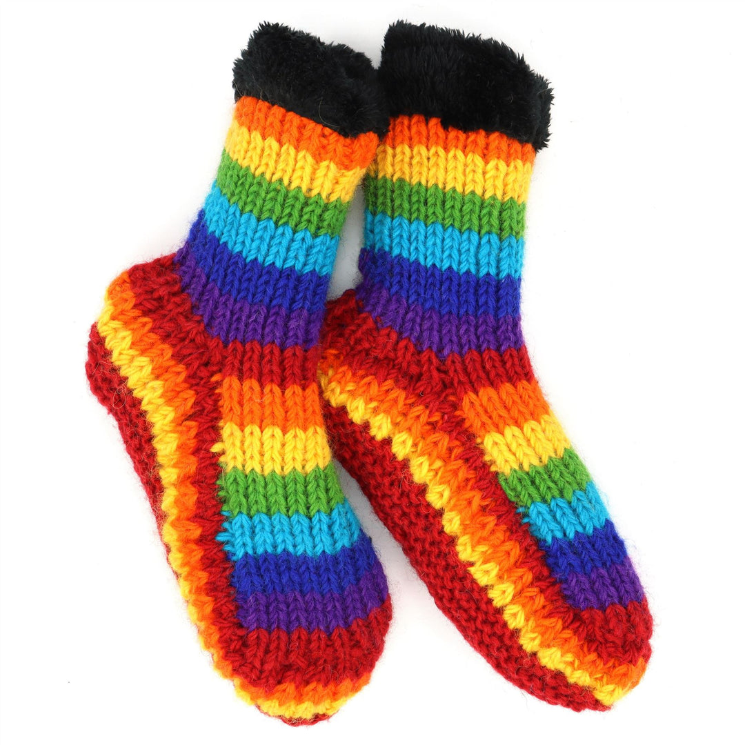 Hand Knitted Wool Slipper Socks - Stripe Bright Rainbow