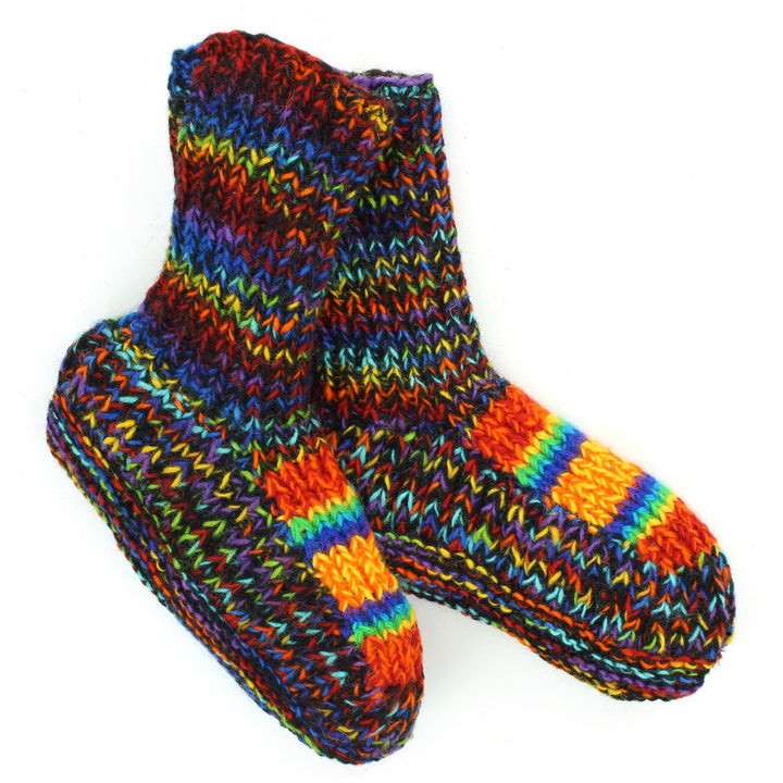 Hand Knitted Wool Slipper Socks - SD Black Rainbow Orange