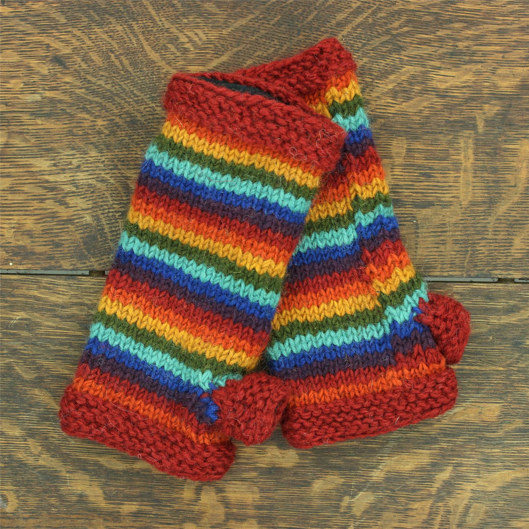 Hand Knitted Wool Arm Warmer - Stripe Dark Rainbow