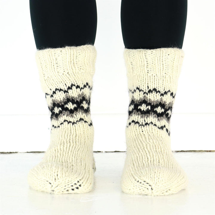 Hand Knitted Wool Slipper Socks Lined - Fairisle Cream