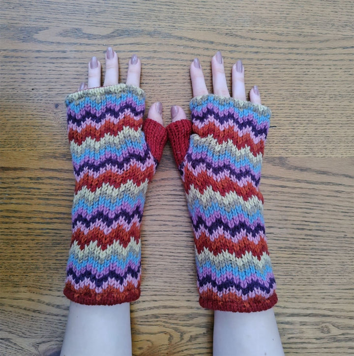 Wool Knit Fleece Lined  Wrist Warmers - Zig Zag Multi