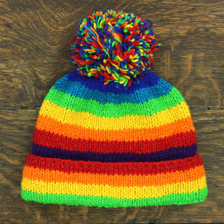 Hand Knitted Wool Beanie Bobble Hat - Stripe Rainbow 1