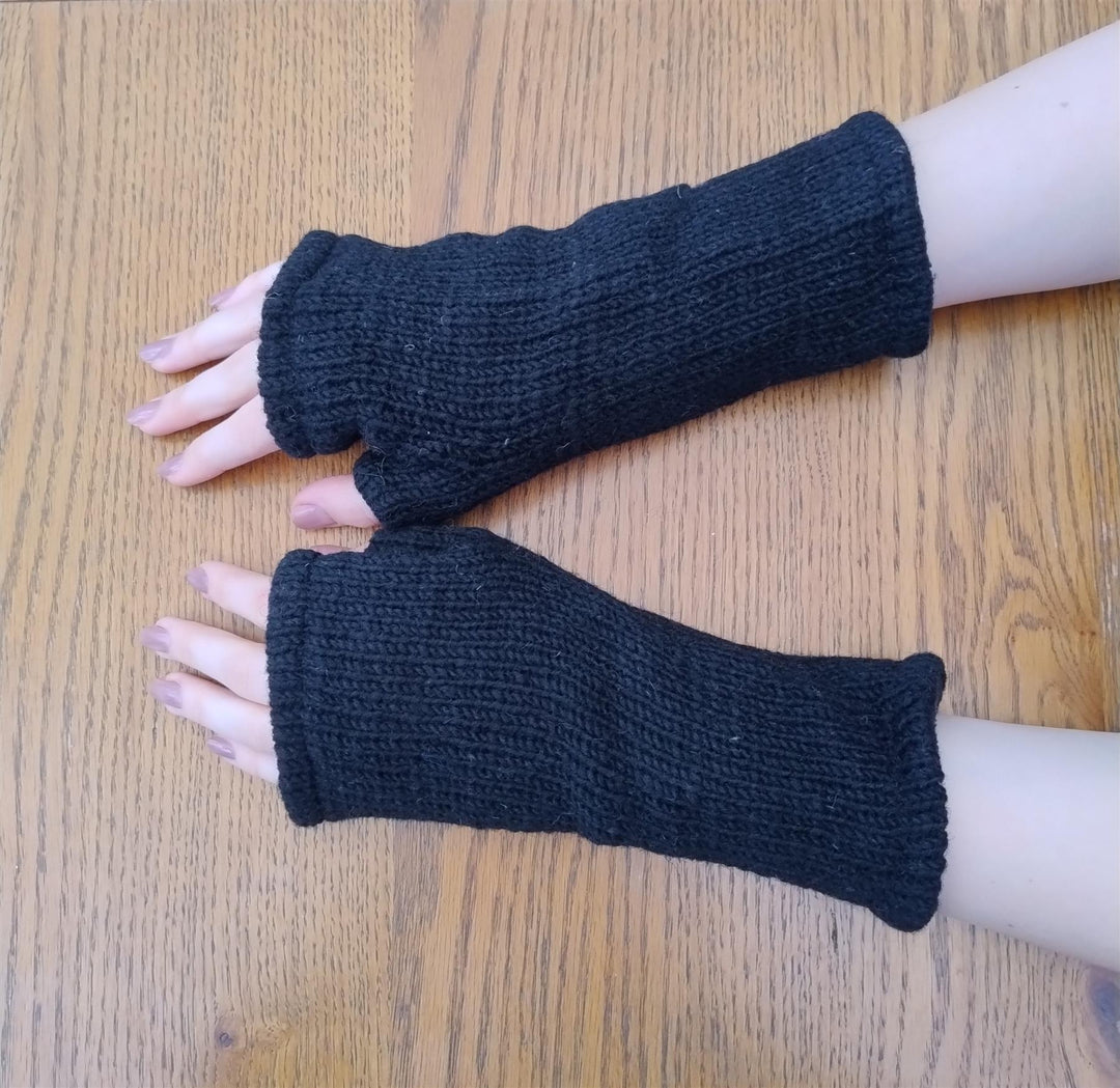 Wool Knit Fleece Lined  Wrist Warmers - Plain Black