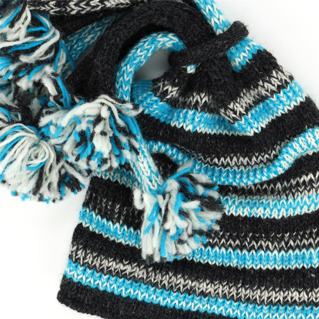 Hand Knitted Beanie Fountain Tassel Hat - SD Light Blue Charcoal