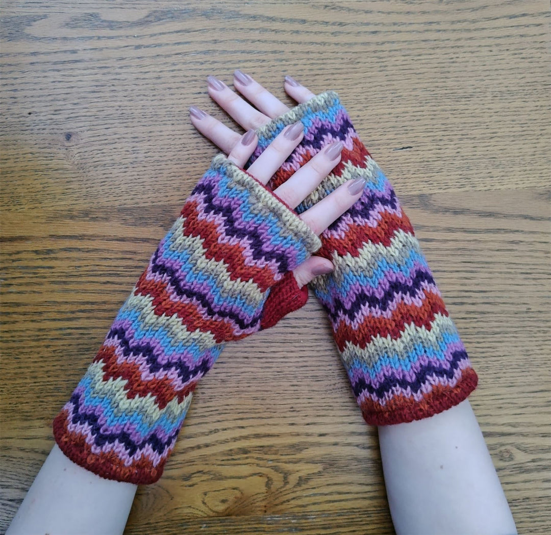 Wool Knit Fleece Lined  Wrist Warmers - Zig Zag Multi