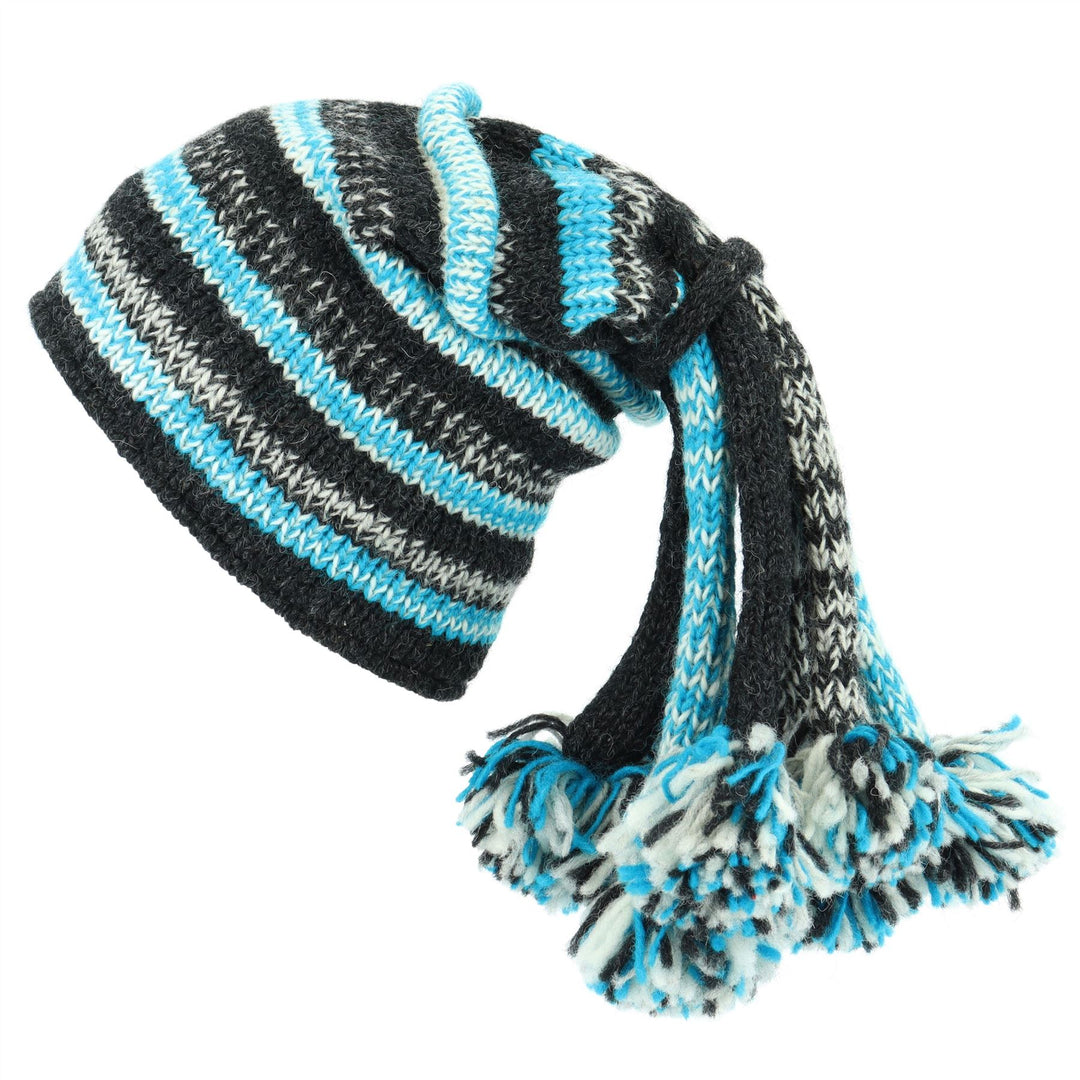 Hand Knitted Beanie Fountain Tassel Hat - SD Light Blue Charcoal