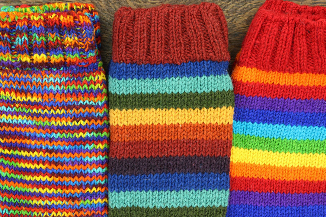 Hand Knitted Wool Leg Warmers - Stripe Bright Rainbow