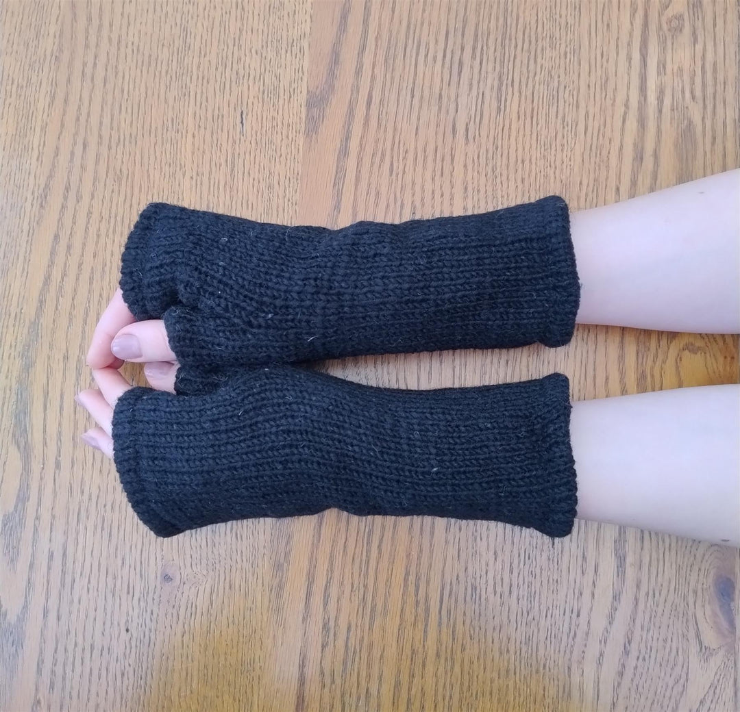 Wool Knit Fleece Lined  Wrist Warmers - Plain Black