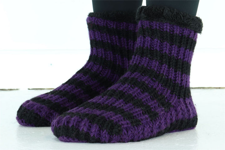 Hand Knitted Wool Slipper Socks - Stripe Purple Black