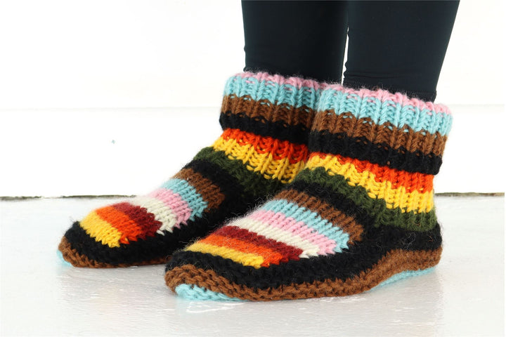 Hand Knitted Wool Slipper Socks - Stripe Progress Rainbow