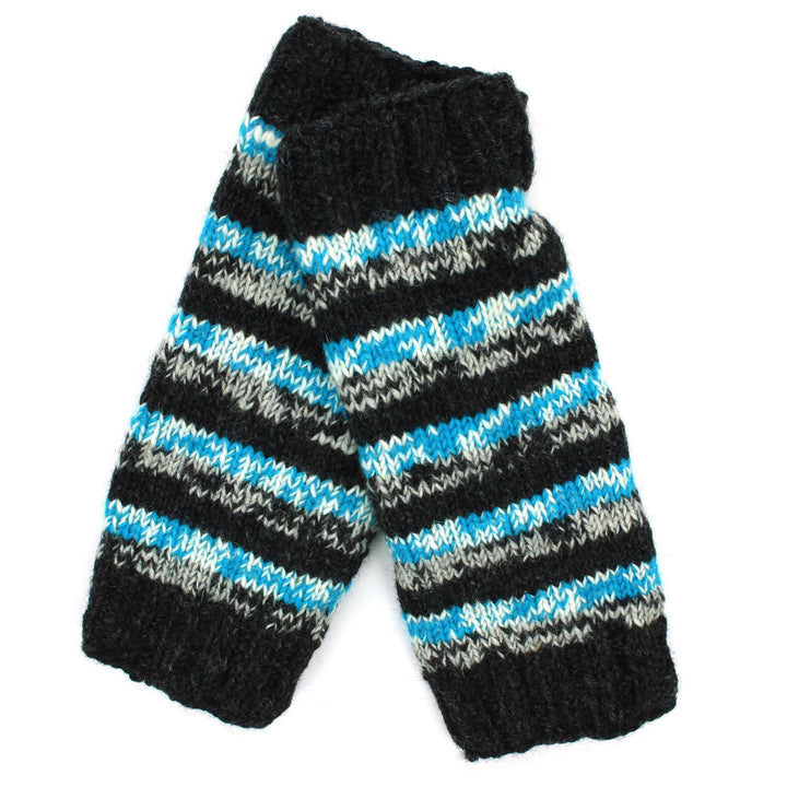 Hand Knitted Wool Leg Warmers - Stripe SD Light Blue Charcoal