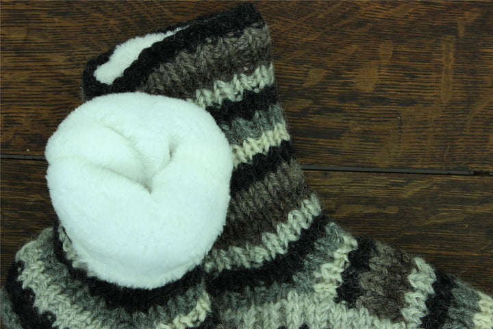 Hand Knitted Wool Slipper Socks - Stripe Natural