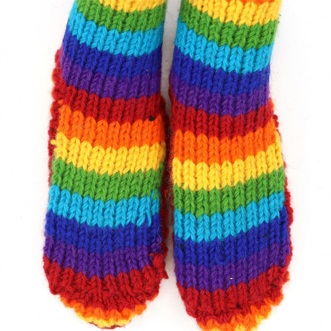 Hand Knitted Wool Slipper Socks - Stripe Bright Rainbow