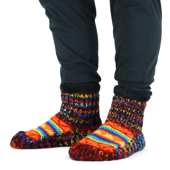 Hand Knitted Wool Slipper Socks - SD Black Rainbow Orange